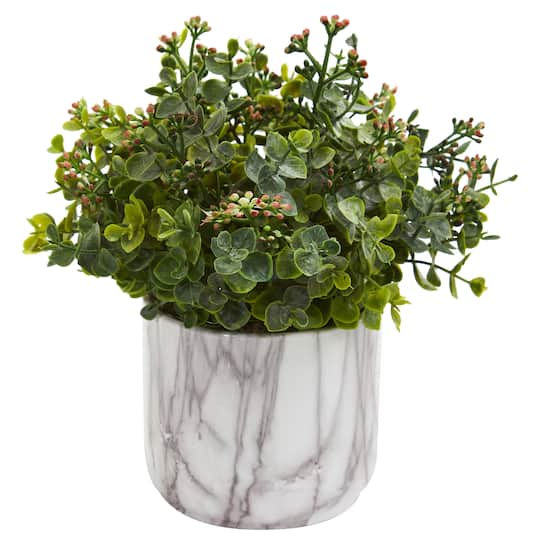 9" Eucalyptus Plant in Decorative Marble Finished Vase